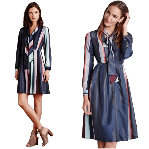 Anthropologie Dresses & Skirts - Raoul x Anthropologie Tie Neck Pocket Blue Abstract Print Shirtdress Size 14